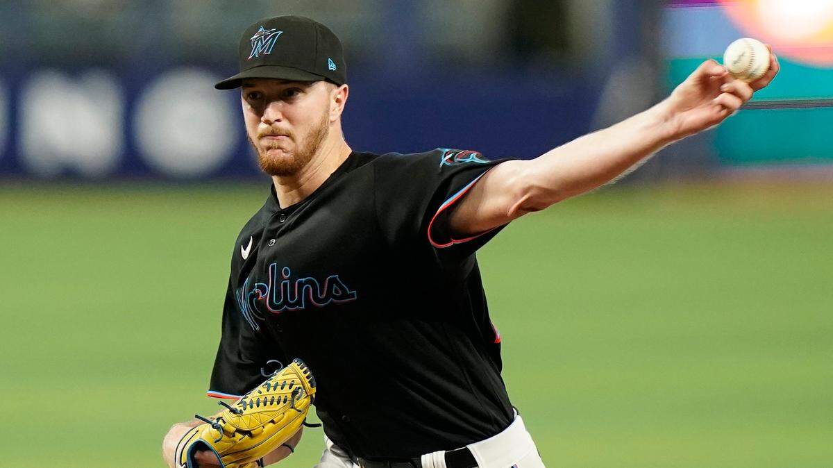 Miami Marlins starting pitcher Trevor Rogers throws during the fifth inning of a baseball game against the Texas Rangers, Monday, Sept. 12, 2022, in Miami.