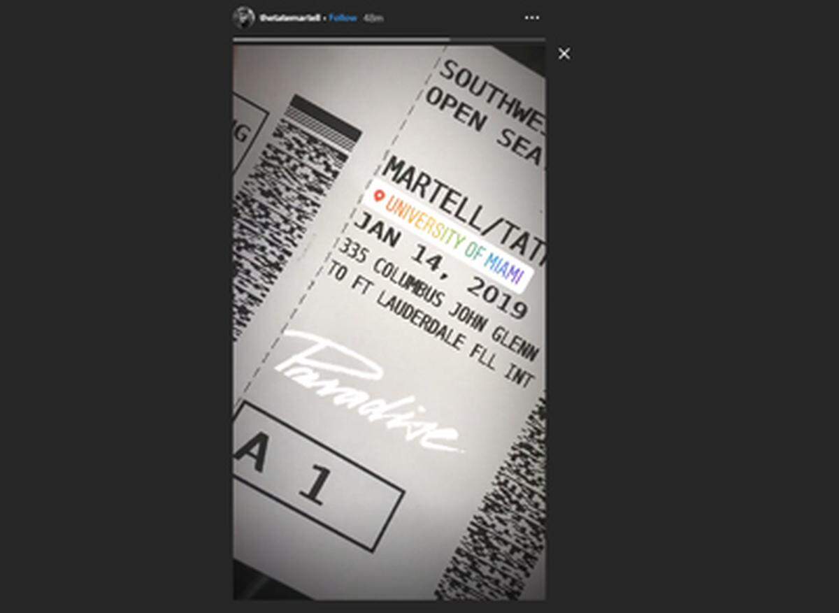 Ohio State’s Tate Martell posts a picture of his plane ticket on his Instagram.