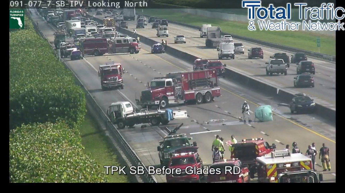 Florida Turnpike’s southbound lanes heading from Palm Beach to Broward County have been at a complete standstill for over an hour following a rollover crash with hazardous material Thursday morning.