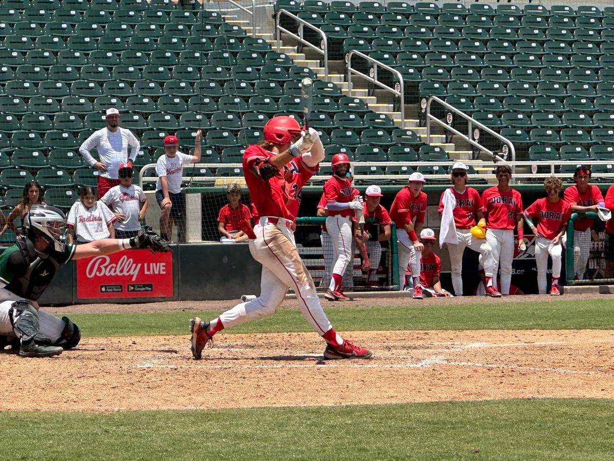Doral Academy’s Michael Torres swings and misses against Viera pitcher Camden Wicker in the seventh inning of Tuesday’s Class 6A state baseball semifinal loss at Hammond Stadium in Fort Myers, Fla.