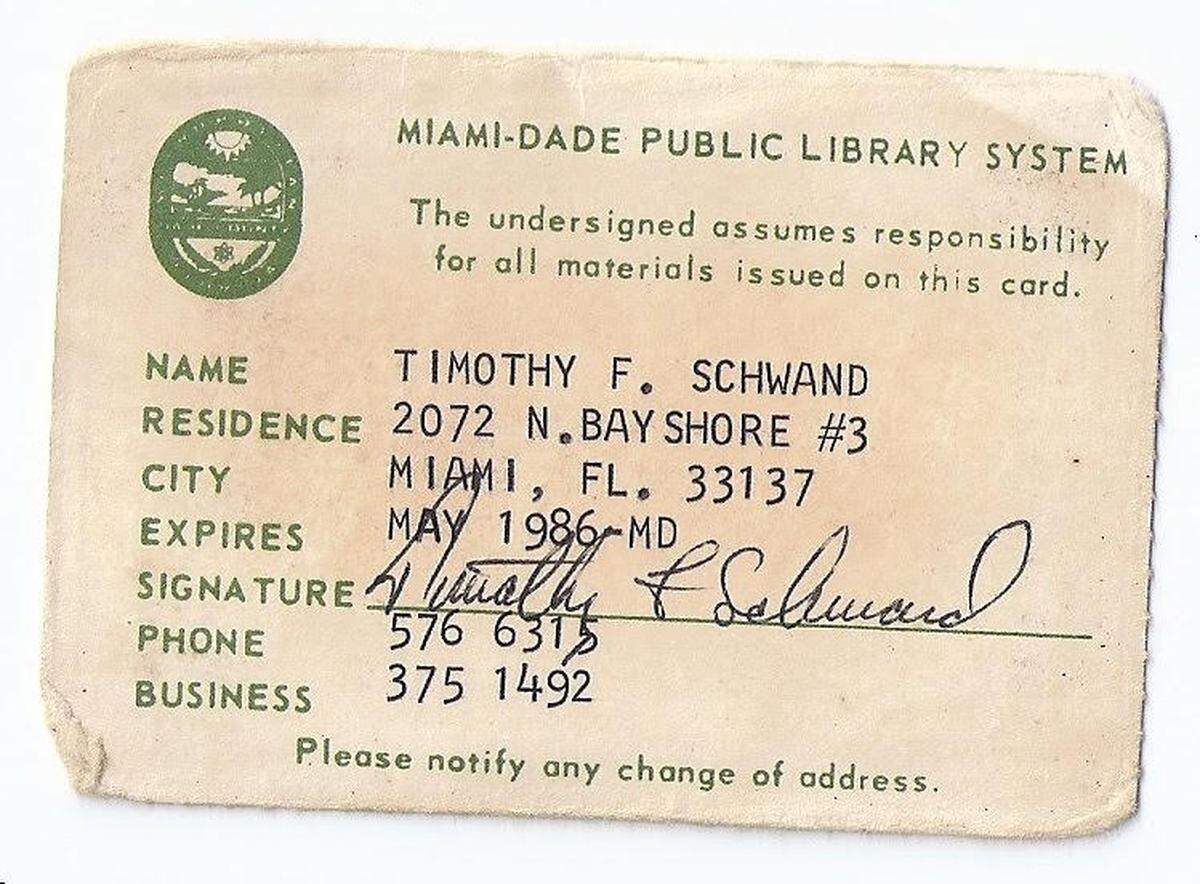 Timothy F. Schmand’s misspelled Miami-Dade Library card.