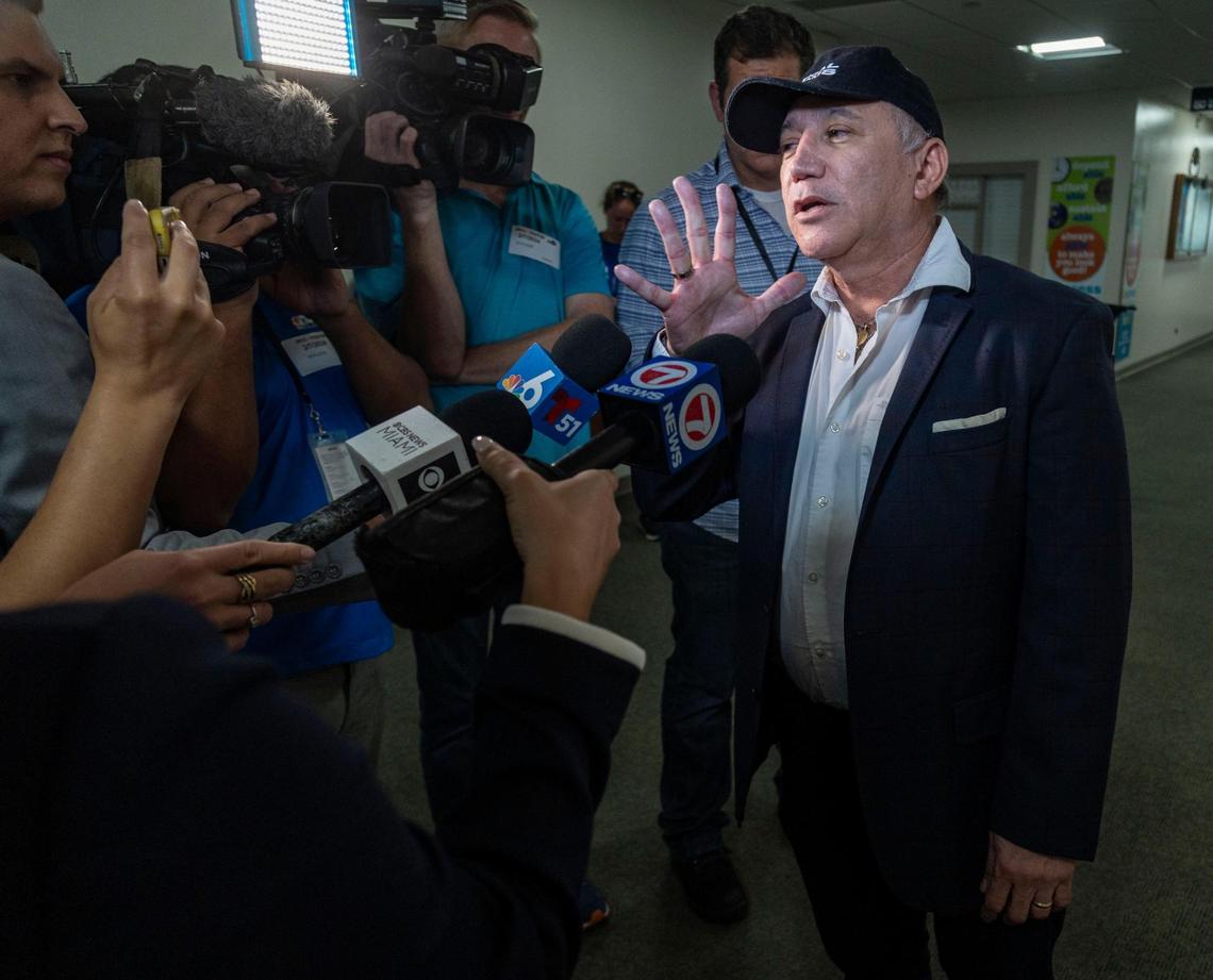 Asking to meet with Mayor Daniella Levine Cava, Eduardo Albor, CEO and chairman of the Dolphin Company speaks to reporters inside the Government Center right after Miami-Dade Mayor Daniella Levine Cava and County Commissioner Raquel Regalado spoke to reporters during a press conference on the lease termination for the Miami Seaquarium and a demand that the marine theme park vacate its county premises no later than April 21.