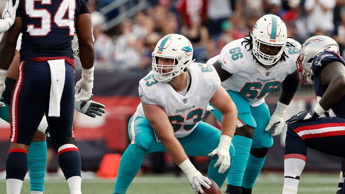 Miami Dolphins offensive center Michael Deiter during the first half of an NFL football game against the New England Patriots, Sunday, Sept. 12, 2021, in Foxborough, Mass. (AP Photo/Winslow Townson)