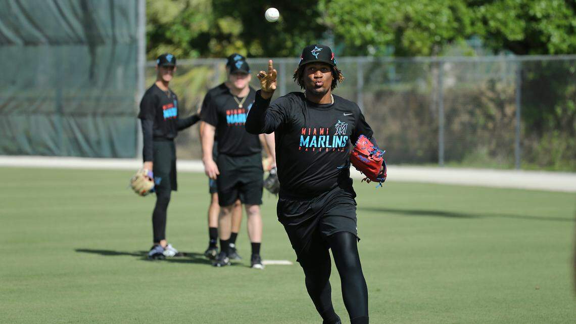 Miami Marlins minor league pitcher Sixto Sanchez runs drills during spring training at the Roger Dean Chevrolet Stadium on Thursday, March 7, 2019 in Jupiter, FL.