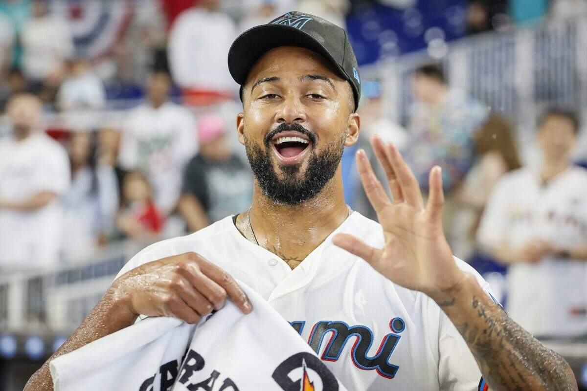 Miami Marlins pitcher Sandy Alcantara (22) reacts after the game after the Marlins defeat the Chicago White Sox at loanDepot Park in Miami, Florida, on Wednesday, April 1, 2026. 