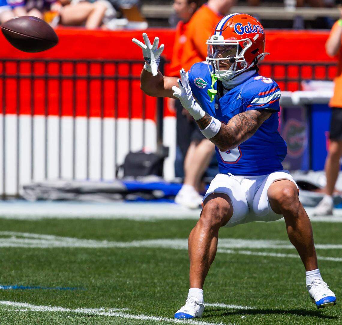 Florida Gators defensive back Jason Marshall Jr. (3) catches a pass before the Orange and Blue game at Ben Hill Griffin Stadium in Gainesville, FL on Saturday, April 13, 2024.