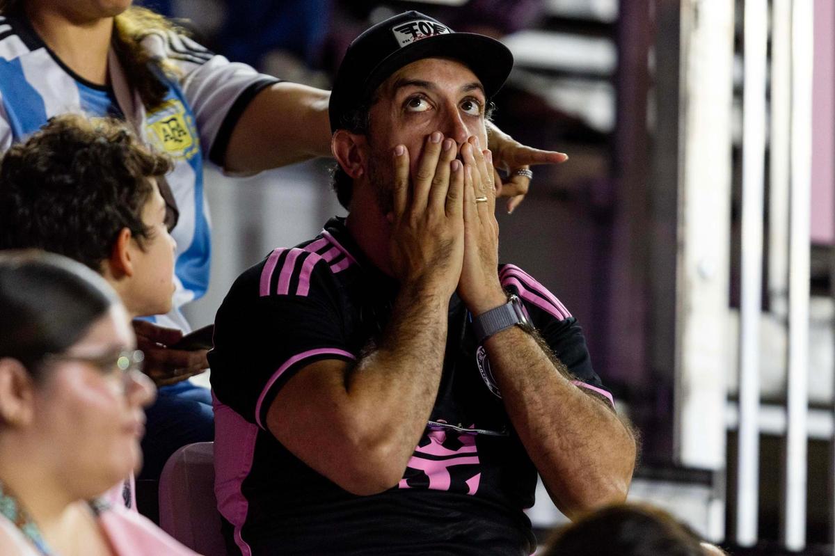 An Inter Miami fan reacts during the second half of an MLS match against the Orlando City at Chase Stadium on Sunday, May 18, 2025, in Fort Lauderdale, Fla.