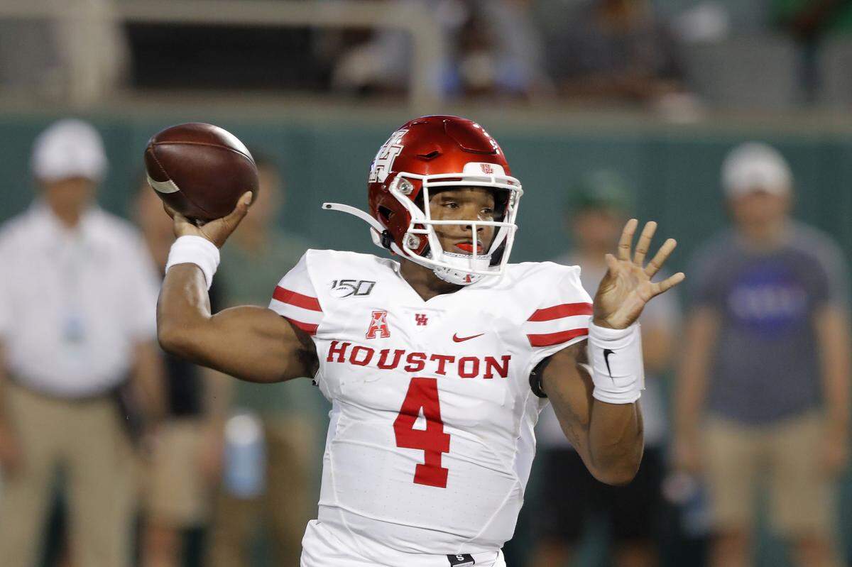 Former Houston quarterback D’Eriq King throws a pass during the first half of the team’s 2019 game against Tulane in New Orleans, on Sept. 19. (AP Photo/Gerald Herbert)