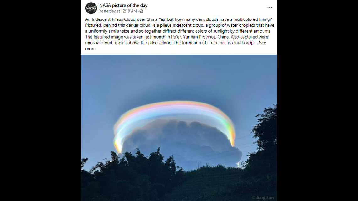 This photo was taken in August in Pu’er, Yunnan Province, China. Experts say it is “an iridescent pileus cloud” and not a UFO.