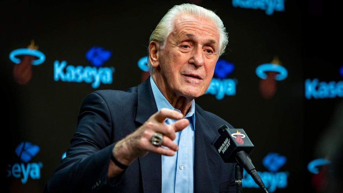 Miami Heat President Pat Riley speaks to the media during the season ending press conference at the Kaseya Center on Tuesday, June 20, 2023 in Miami, Fla.