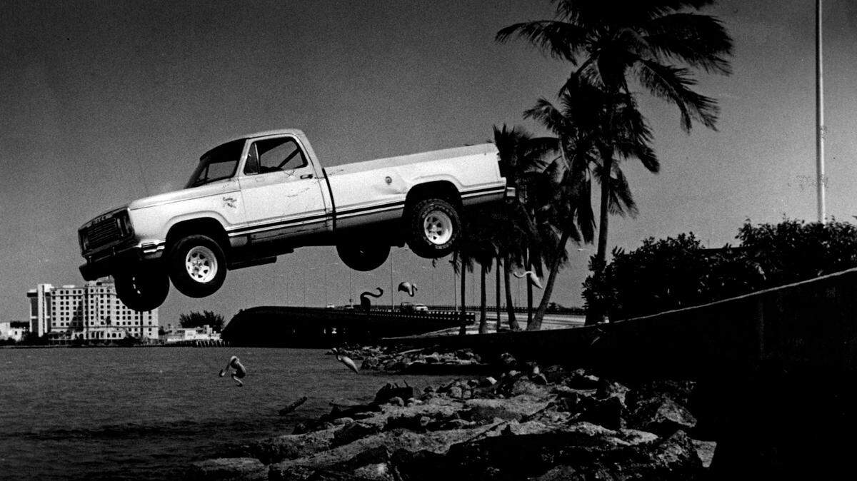 A stunt driver handled this pickup truck on the MacArthur Causeway while filming for ‘Miami Vice’ episode in the 1980s.
