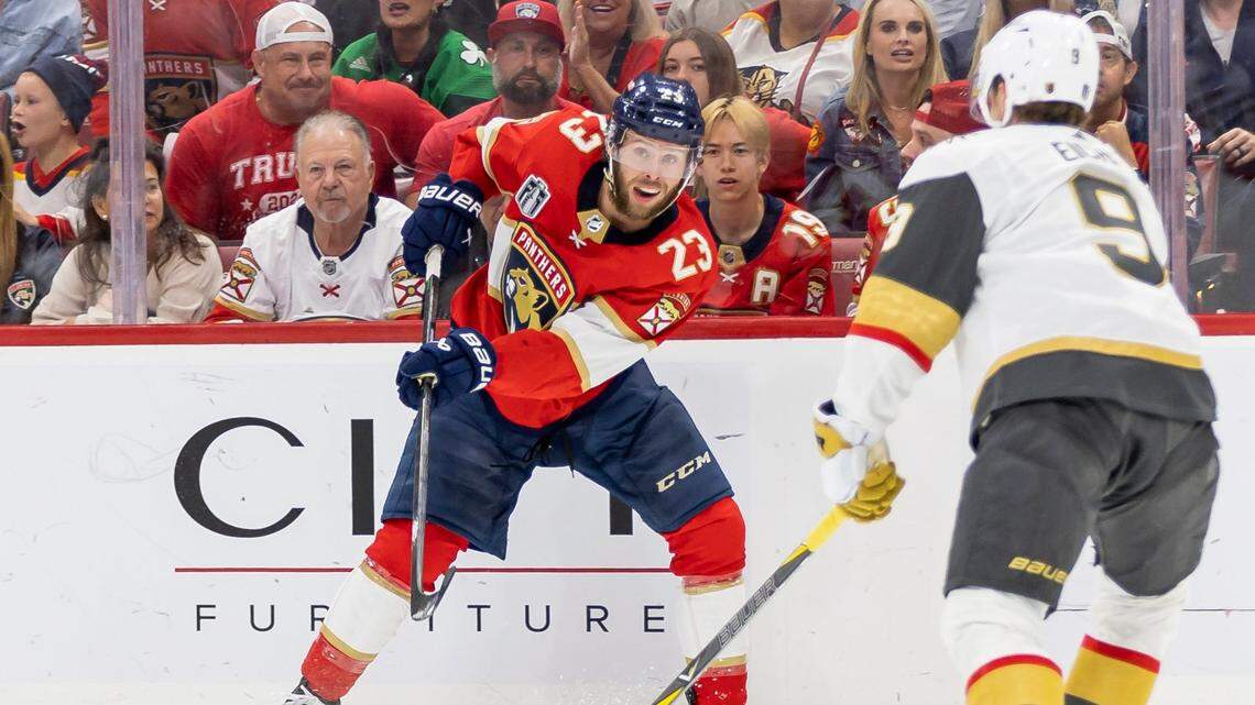 Florida Panthers center Carter Verhaeghe (23) passes the puck as Vegas Golden Knights center Jack Eichel (9) defends in the first period of Game 4 of the NHL Stanley Cup Final at the FLA Live Arena on Saturday, June 10, 2023, in Sunrise, Fla.