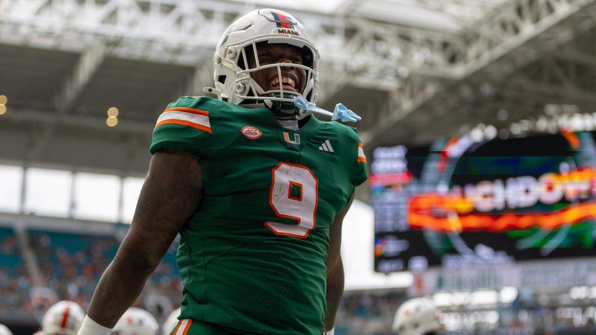 Miami Hurricanes tight end Elija Lofton (9) reacts after teammate Mark Fletcher Jr. (4) scored a touchdown during the second half of an ACC football game against the Duke Blue Devils at Hard Rock Stadium on Saturday, Nov. 2, 2024, in Miami Gardens, Fla.