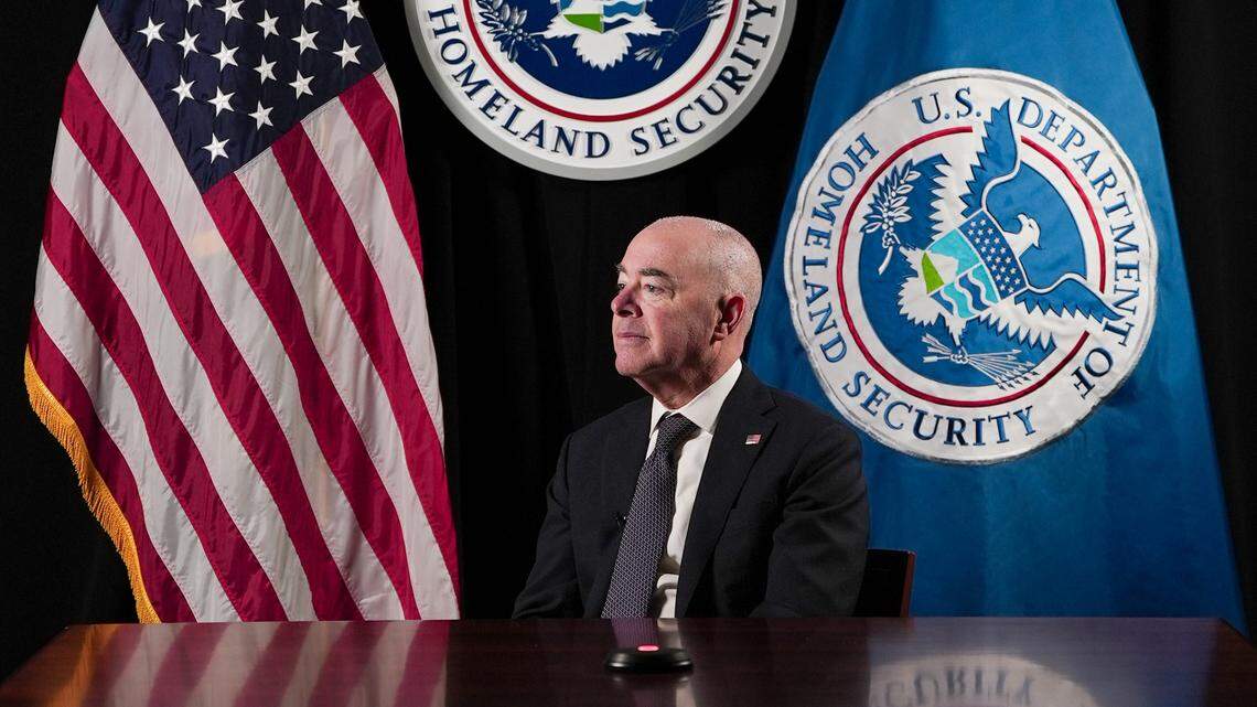 Homeland Security Secretary Alejandro Mayorkas speaks during an interview with McClatchy Chief Washington Correspondent Michael Wilner at DHS headquarters on Thursday, April 4, 2024.