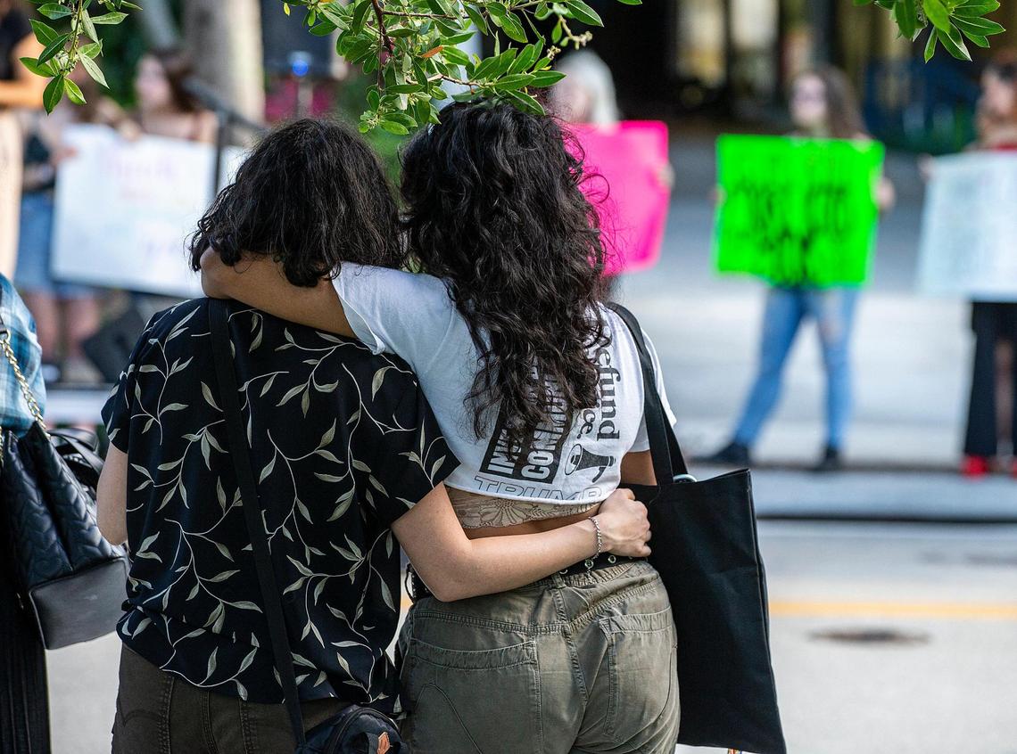 Andrea Guerrero (left) and Nathalie Saladriguas, joined a group of students in a rally to support the Walking Out to Learn! Protest, in Miami Beach to protest again the many educational policies implemented by the State of Florida and to send a message Florida Governor Ron DeSantis, to their representatives—from school board to Senate, On Friday April 21, 2023.