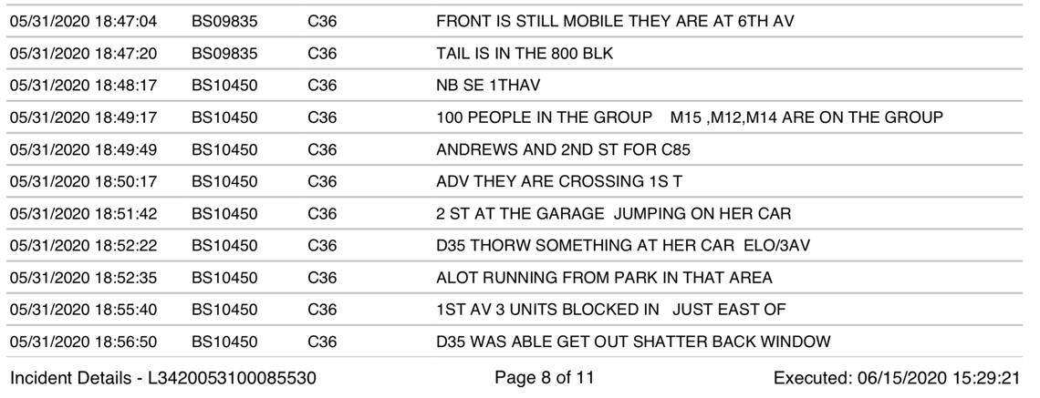 Fort Lauderdale Police Department’s Computer Assisted Dispatch log from May 31, 2020.