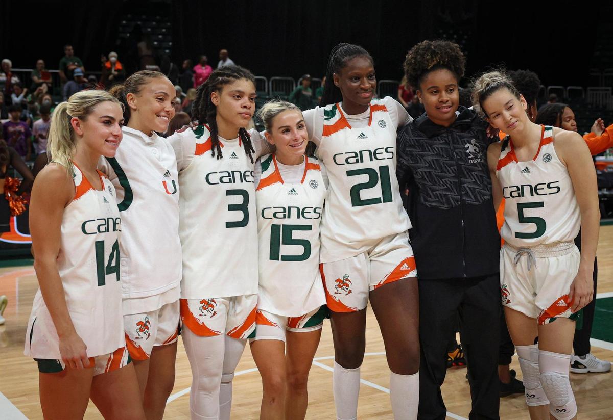 The Hurricanes celebrate a 85-74 win against the University of Virginia on Sunday, Feb. 26, 2023, at the Watsco Center in Coral Gables.