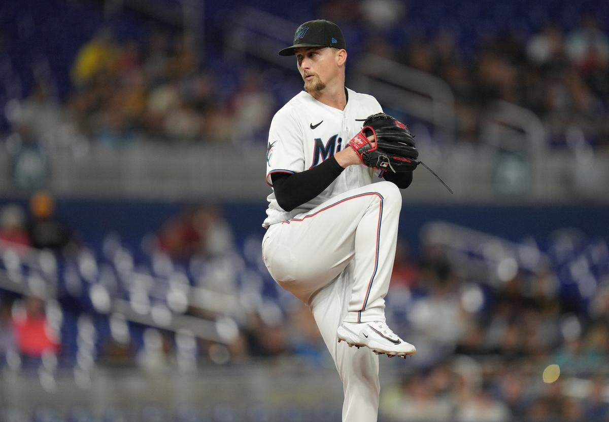 Jun 22, 2023; Miami, Florida, USA; Miami Marlins starting pitcher Braxton Garrett (29) pitches against the Pittsburgh Pirates in the first inning at loanDepot Park. Mandatory Credit: Jim Rassol-USA TODAY Sports