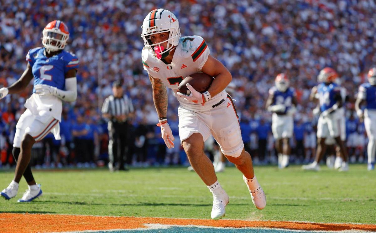 Miami Hurricanes wide receiver Xavier Restrepo (7) scores on a pass by quarterback Cam Ward (1) during the second quarter of an NCAA college football game at Ben Hill Griffin Stadium in Gainesville, Florida, on Saturday, August 31, 2024.
