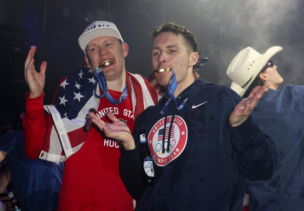 MIAMI, FLORIDA - FEBRUARY 23: Matthew Tkachuk and Brady Tkachuk attend a celebration of the USA Men's Hockey Team's Olympic Gold at E11EVEN Miami on February 23, 2026 in Miami, Florida.  (Photo by Alexander Tamargo/Getty Images for E11EVEN Miami)