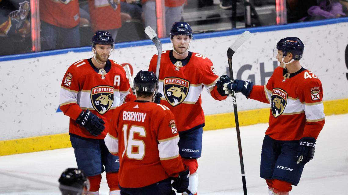 Florida Panthers center Sam Bennett (9) is congratulated by teammates after scoring his second goal against the Vegas Golden Knights during the third period of an NHL game at the FLA Live Arena on Thursday, January 27, 2022 in Sunrise, Fl.
