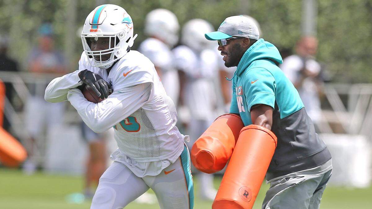 Miami Dolphins wide receiver Preston Williams (18) at the Miami Dolphins training facility at Hard Rock Stadium, Miami Gardens, Florida, August 24, 2021.