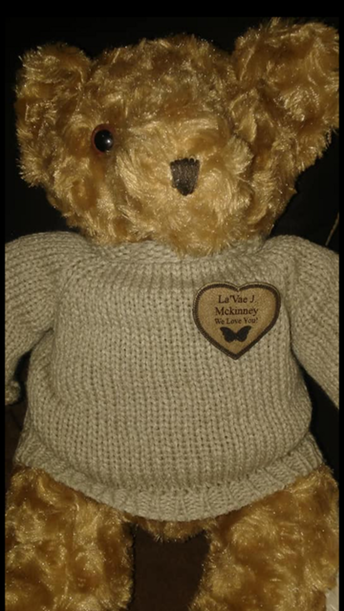 The teddy bear holding the ashes of La’Quinta McKinney’s 2-month-old baby, La’Vae, who died from Sudden Infant Death Syndrome two years ago. It was stolen Monday in Hollywood.