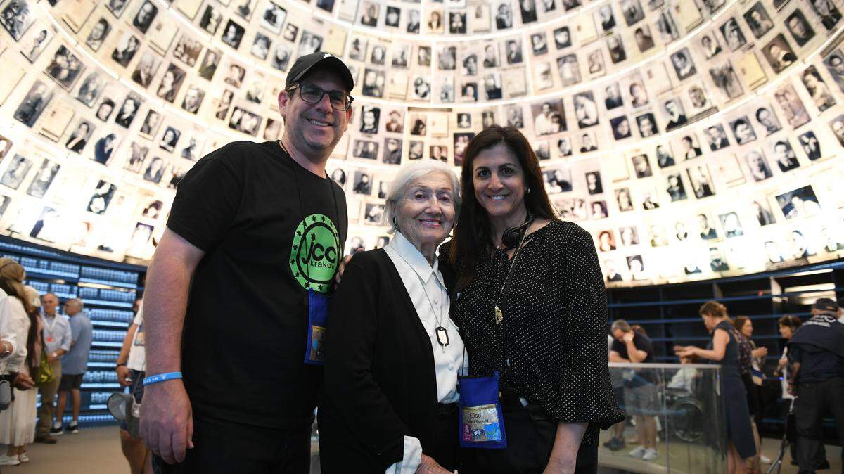 Magda Bader, center, an 88-year-old Auschwitz survivor from Miami, stands beside Gil and Elise Scheck Bonwitt at “Yad Vashem,” the world’s largest Holocaust Museum, in Jerusalem. The group is part of the 820 South Floridians who are in Israel now as part of a mission trip with the Greater Miami Jewish Federation to celebrate the 70th anniversary of Israel.