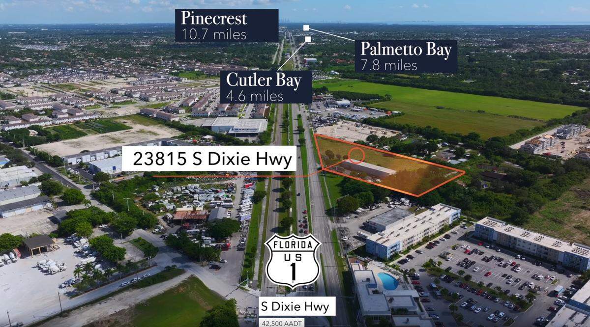 An aerial view of South Dixie Highway at Princeton in South Miami-Dade shows the location, in red, of the planned 112-unit Beacon Hill at Princeton workforce housing development, the first in the county conceived and designed to take advantage of Florida’s Live Local Act to break ground.