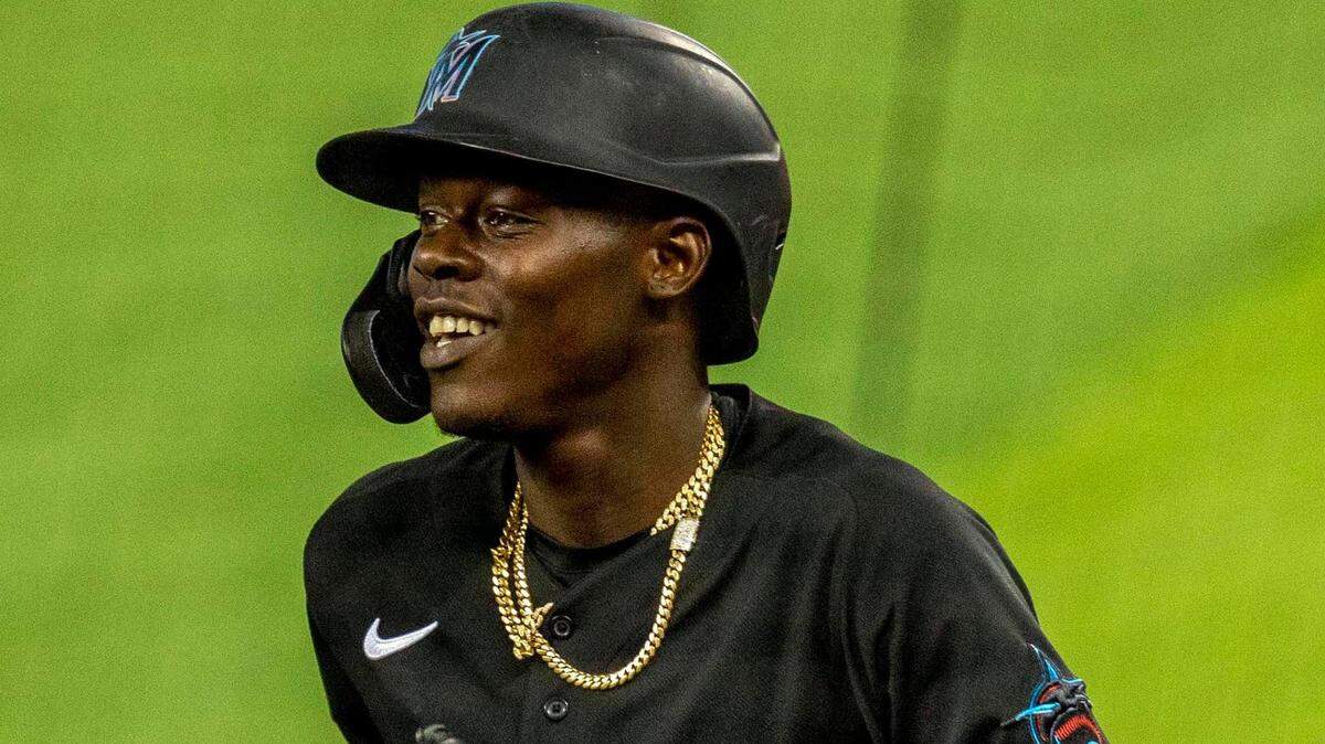 Miami Marlins batter Jazz Chisholm Jr.†(2) reacts after hitting a single during the fifth inning of an MLB game against the San Francisco Giants at loanDepot park in the Little Havana neighborhood of Miami, Florida, on Saturday, April 17, 2021.