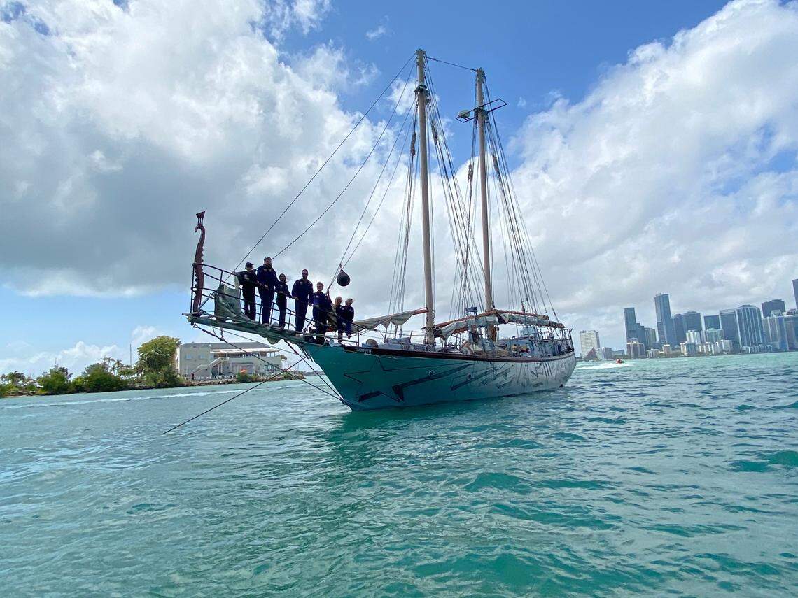 The crew of the schooner Anne stands on the bow of the 70-foot sailing vessel Thursday, March 25, 2021. 