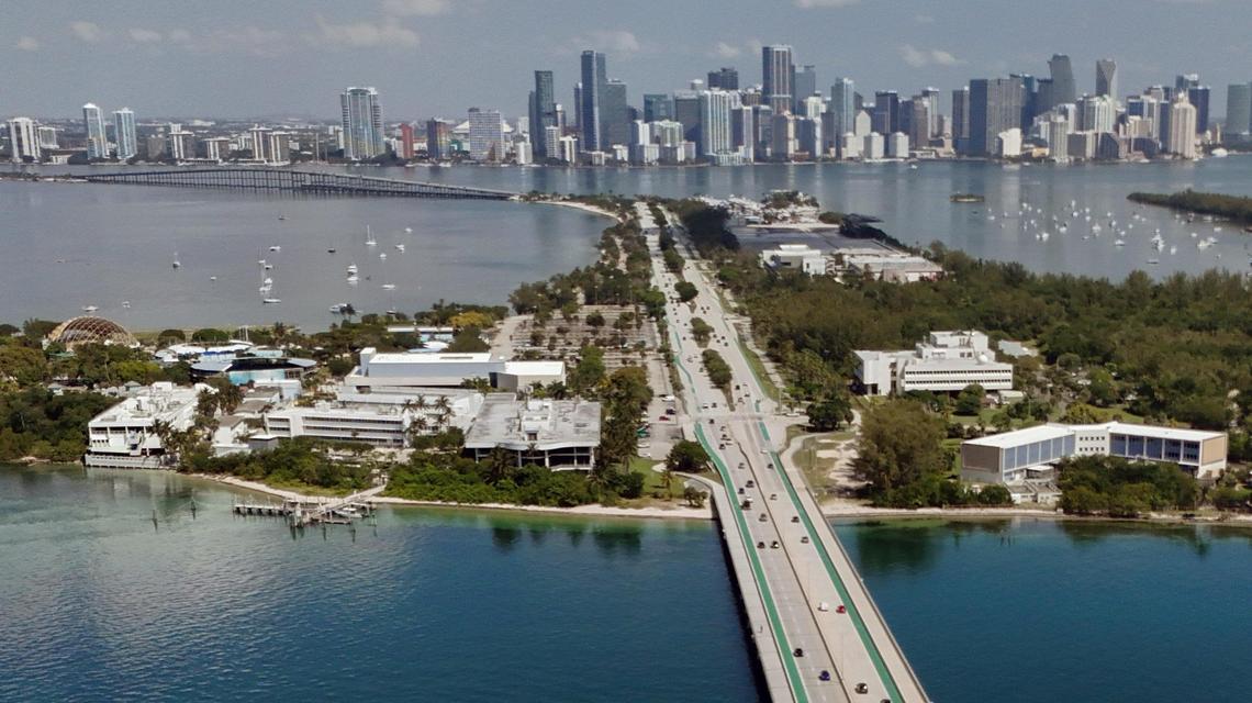 The Rickenbacker Causeway cuts across Virginia Key on the way to downtown Miami and Brickell.