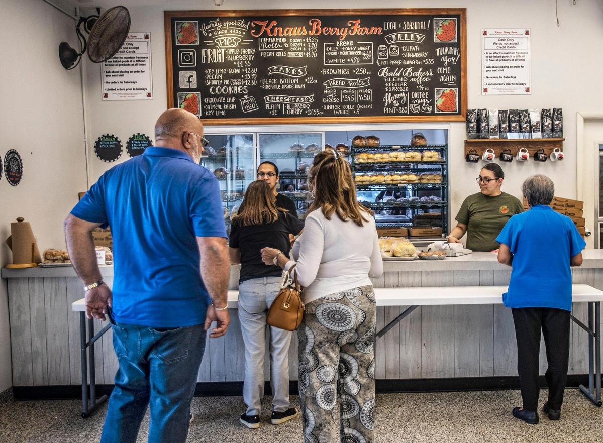 Customers line up for cinnamon rolls, bread, jams and pies and other homemade goodies at Knaus Berry Farm in Homestead.