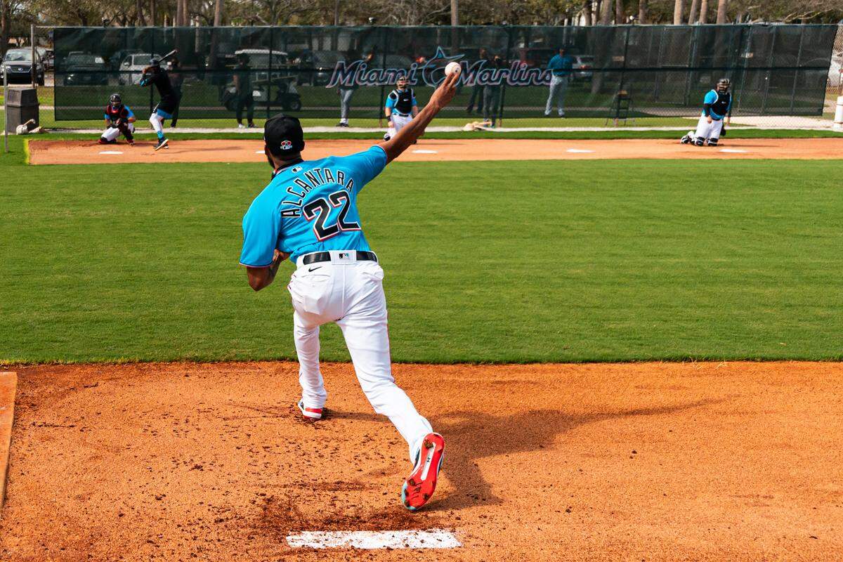 Miami Marlins Sandy Alcantara on the first day of Spring Training on February 18, 20201 at the Miami Marlins Spring Training facility at Roger Dean Chevrolet Stadium in Jupiter, Florida.