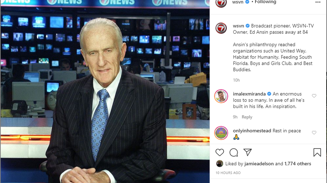 The owner of South Florida’s WSVN TV news station Ed Ansin has died at 84, the news station announced Sunday.