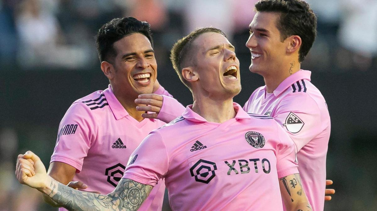 Inter Miami midfielder Robert Taylor (16) celebrates after scoring a goal against the New York Red Bulls during the second half of their MLS soccer match at DRV PNK Stadium on Sunday, May 22, 2022, in Fort Lauderdale, Florida.