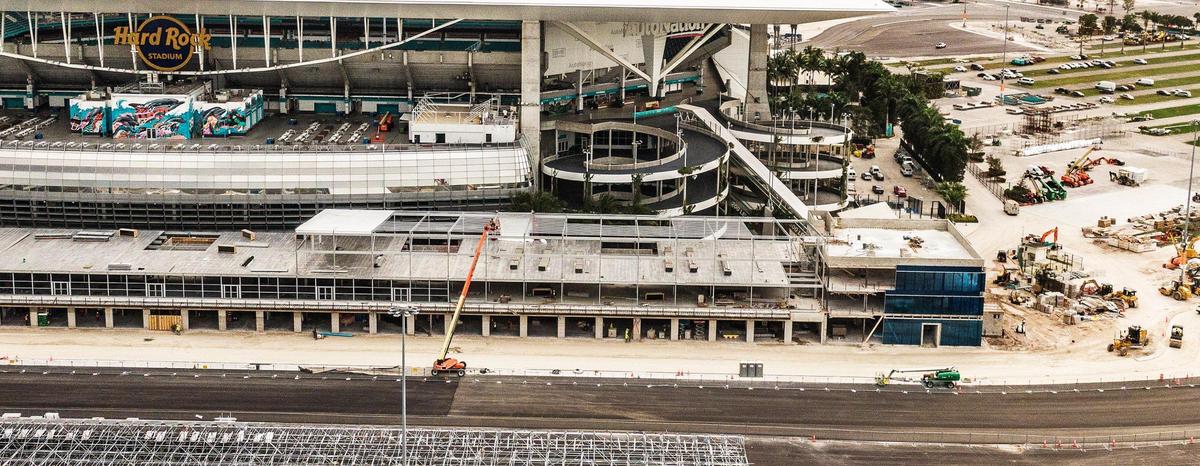The “pit/paddock” building on the north side of Hard Rock Stadium is pictured from above on Feb. 15.