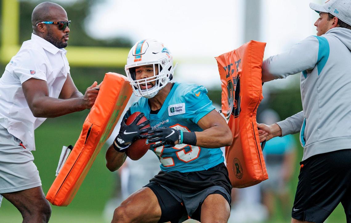 Miami Dolphins safety Brandon Jones (29) runs with the football during NFL football training camp at Baptist Health Training Complex in Hard Rock Stadium on Monday, September 5, 2022 in Miami Gardens, Florida.