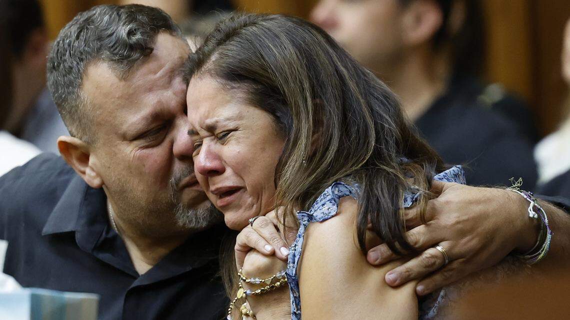 Alexander Camps comforts his wife, Maria Camps-Lacayo, after hearing the guilty verdict of Adrian Cosby. Cosby was convicted Friday of murdering their daughter Andrea Camps-Lacayo, an 18-year-old student at Terra Environmental Research Institute in West Kendall. She was killed in 2020 in a botched robbery in Homestead of expensive sneakers. After the verdict was read, Cosby leapt at Camps as he was reading a statement in the courtroom.