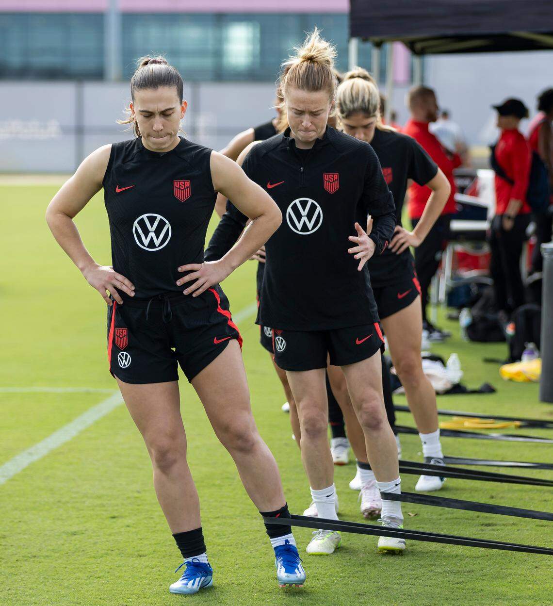 United States midfielder Sam Coffey (4) stretches during team practice at the Florida Blue Training Center on Tuesday, Nov. 28, 2023, in Fort Lauderdale, Fla.