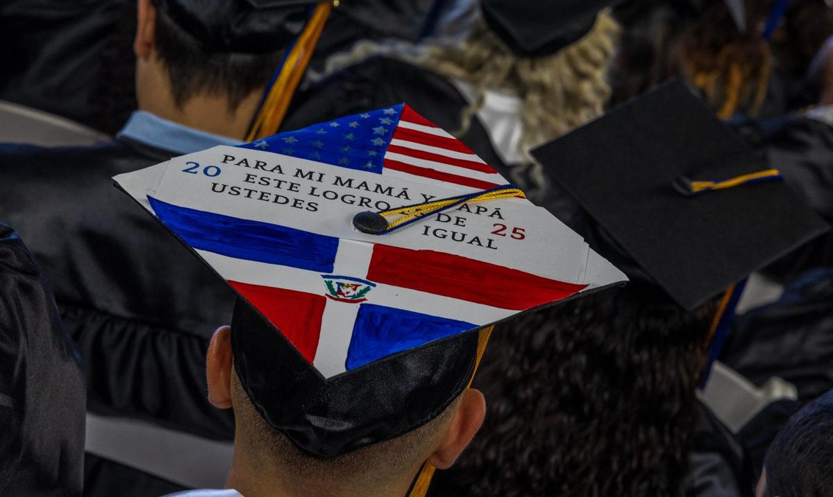 Messages on graduating students’ mortarboards during Miami Dade College’s North, Hialeah and West Campuses 2025 commencement ceremonies at LoanDepot Park, in Miami on Saturday, April 26, 2025.