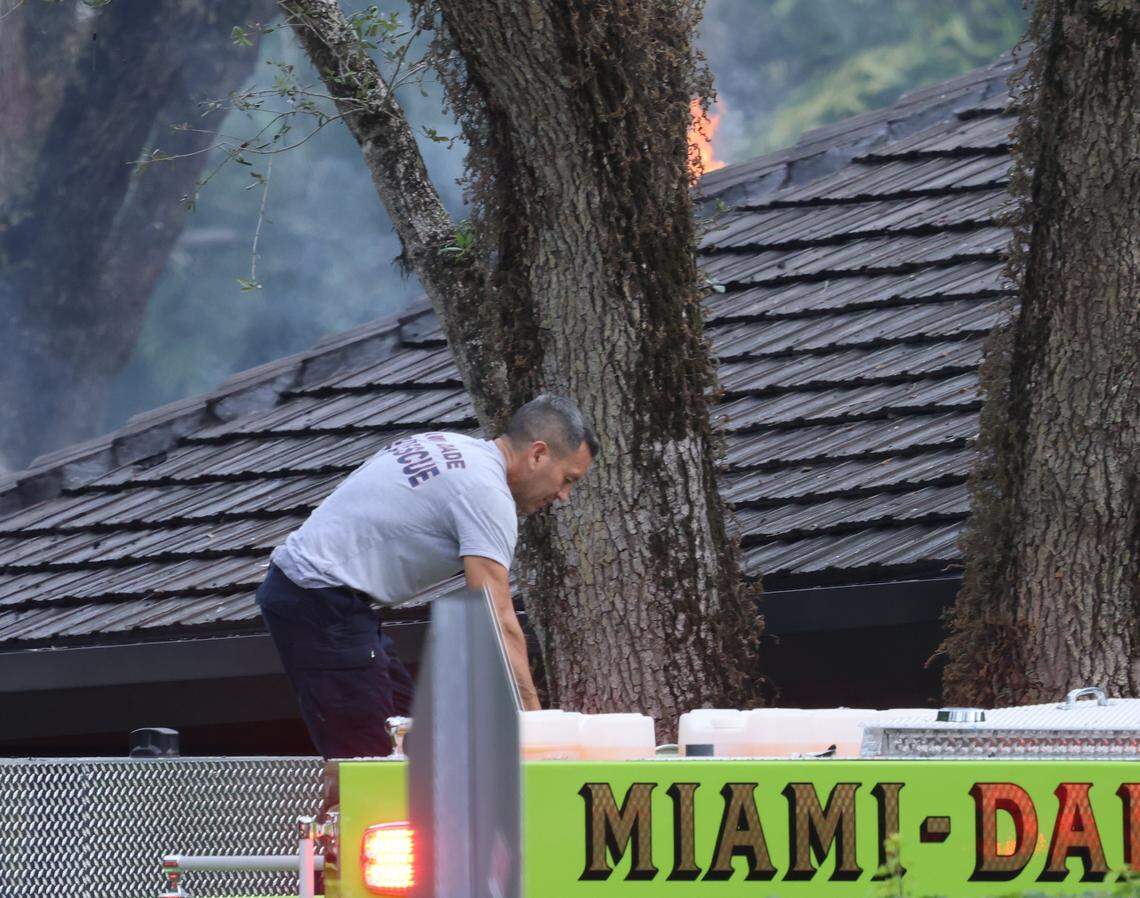 A Miami-Dade firefighter works the scene at Miami Heat Coach Erik Spoelstra’s home on Thursday, Nov. 6, 2025.