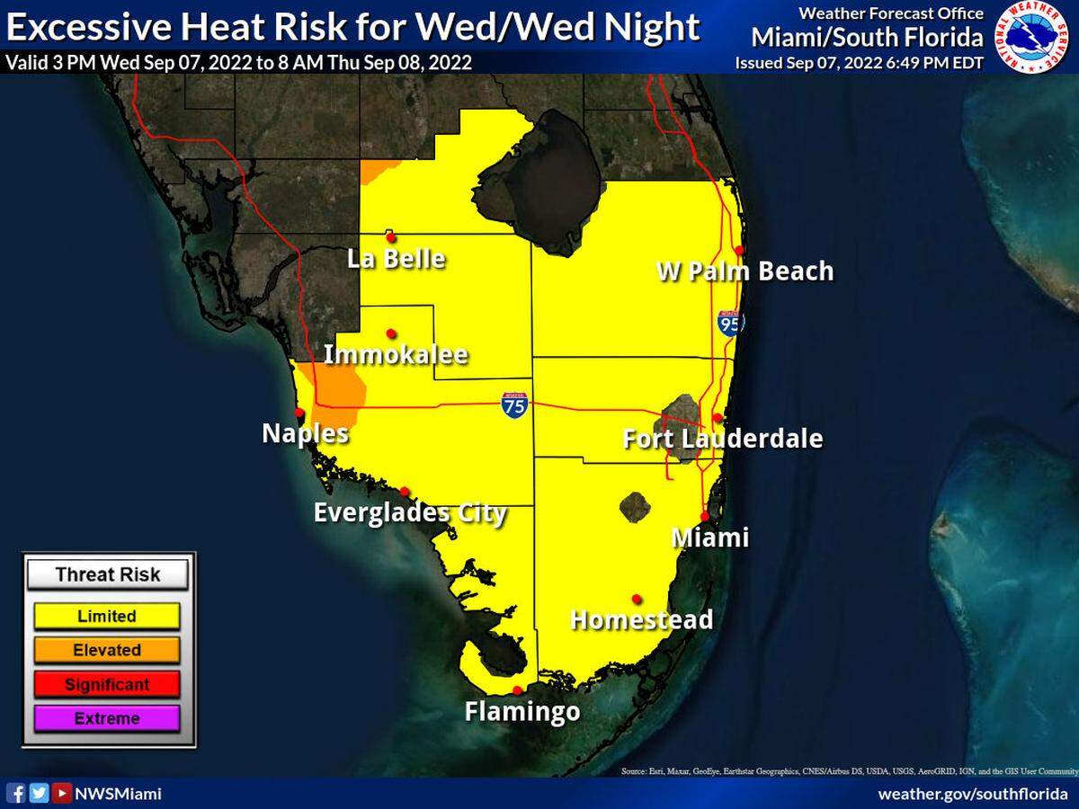 Most of South Florida is at a limited excessive heat risk Wednesday. The region is experiencing a heat index between 98 and 102 degrees.