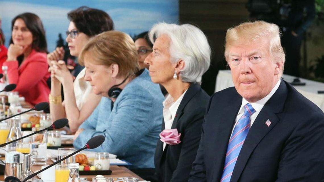 U.S. President Donald Trump (R) attends a session at the Group of Seven summit in Charlevoix, Canada, on June 9, 2018. (Pool photo)(Kyodo) ==Kyodo (Photo by Kyodo News via Getty Images)