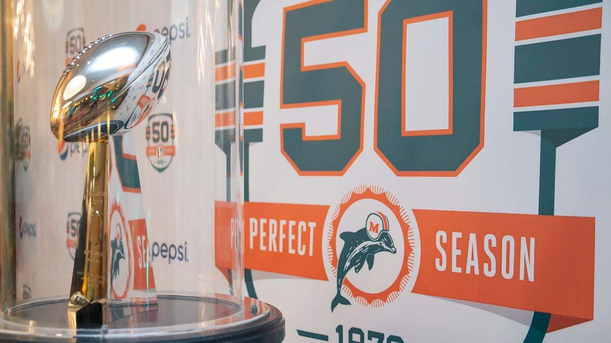 The 1972 Vince Lombardi Trophy is on display during a gala at the Seminole Hard Rock Guitar Hotel on Saturday, Oct. 22, 2022, in Hollywood, Fla. The event was held to celebrate the 50th anniversary of the Miami Dolphins’ 1972 perfect season.