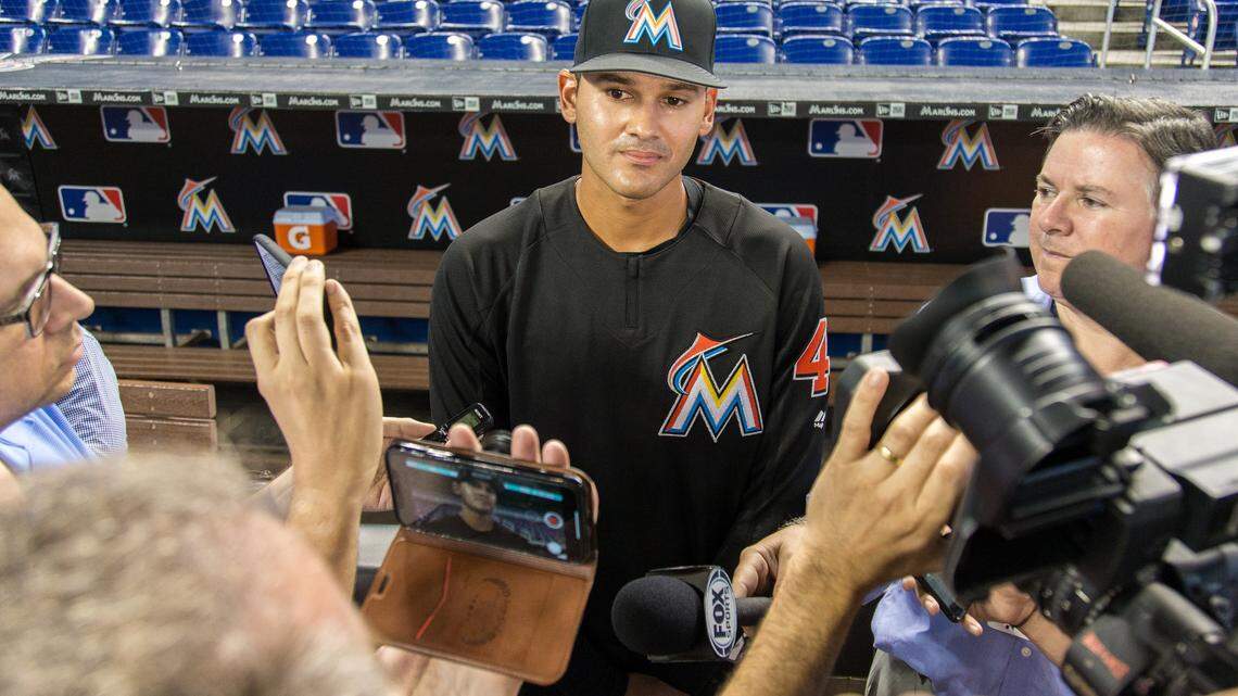 Miami Marlins pitching prospect Pablo Lopez talks to the media at Marlins Park in Miami, Friday, June 29, 2018. Lopez might get the start Saturday against New York Mets starting pitcher Jacob deGrom (48).