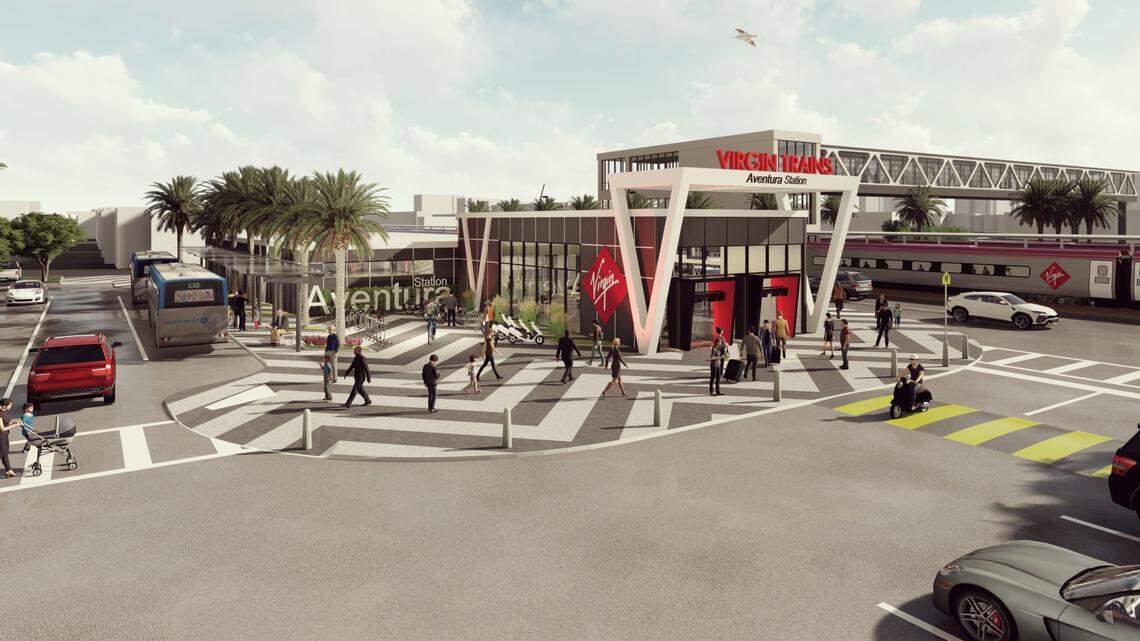 A rendering of the proposed $76 million Virgin train station that Miami-Dade County would pay for across from the Aventura Mall.