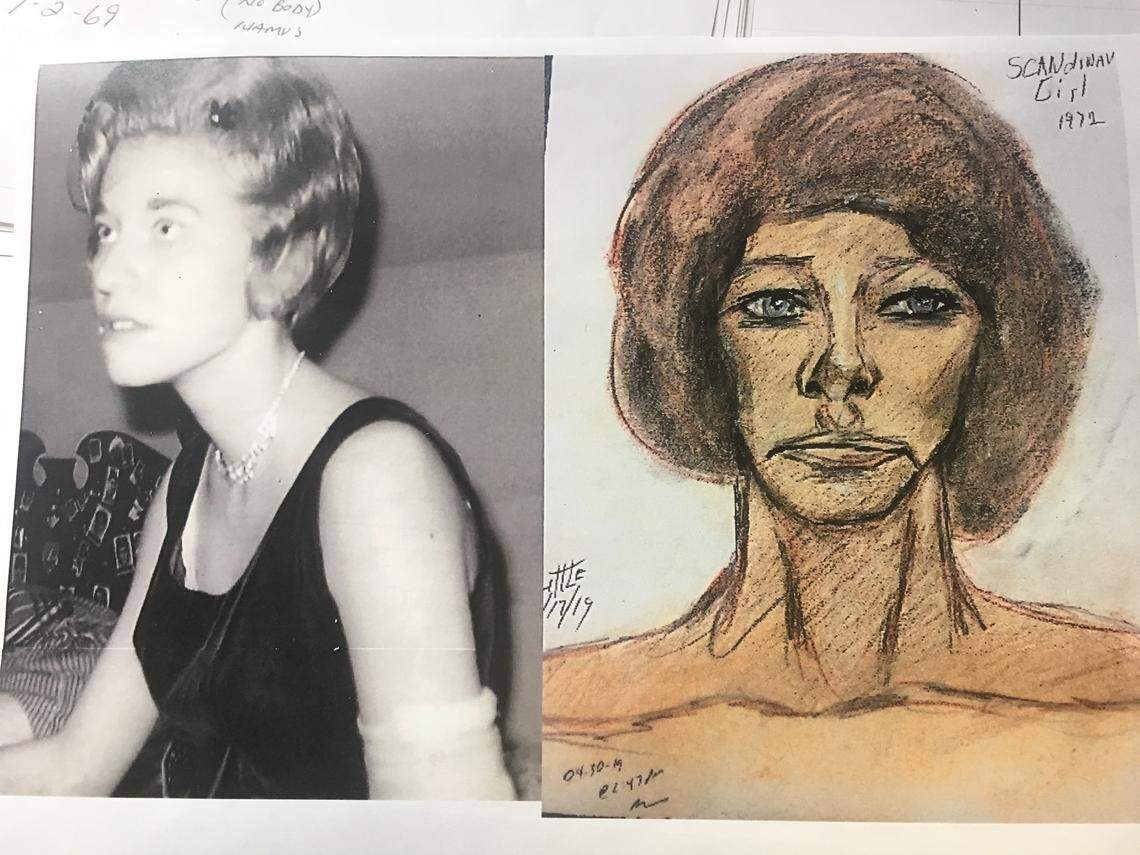 Karen O’Donoghue, seen here in a family photo, went missing from Massachusetts in 1969. She is believed to have been killed in Miami-Dade County by serial killer Samuel Little, who made the sketch on the right while in custody.