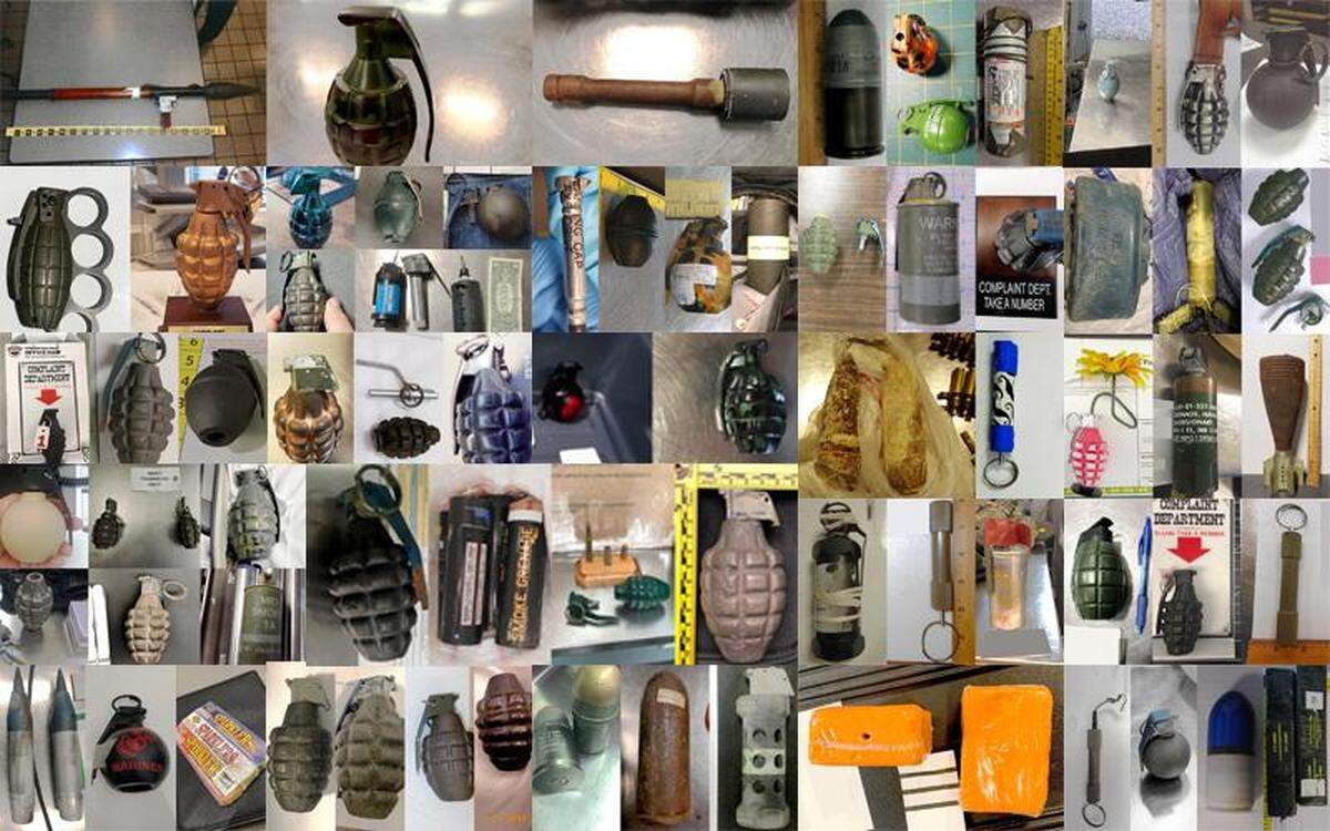 It is illegal to bring a hand grenade on an airplane. These are some of the explosives and replicas travelers tried to bring on airplanes in 2019.