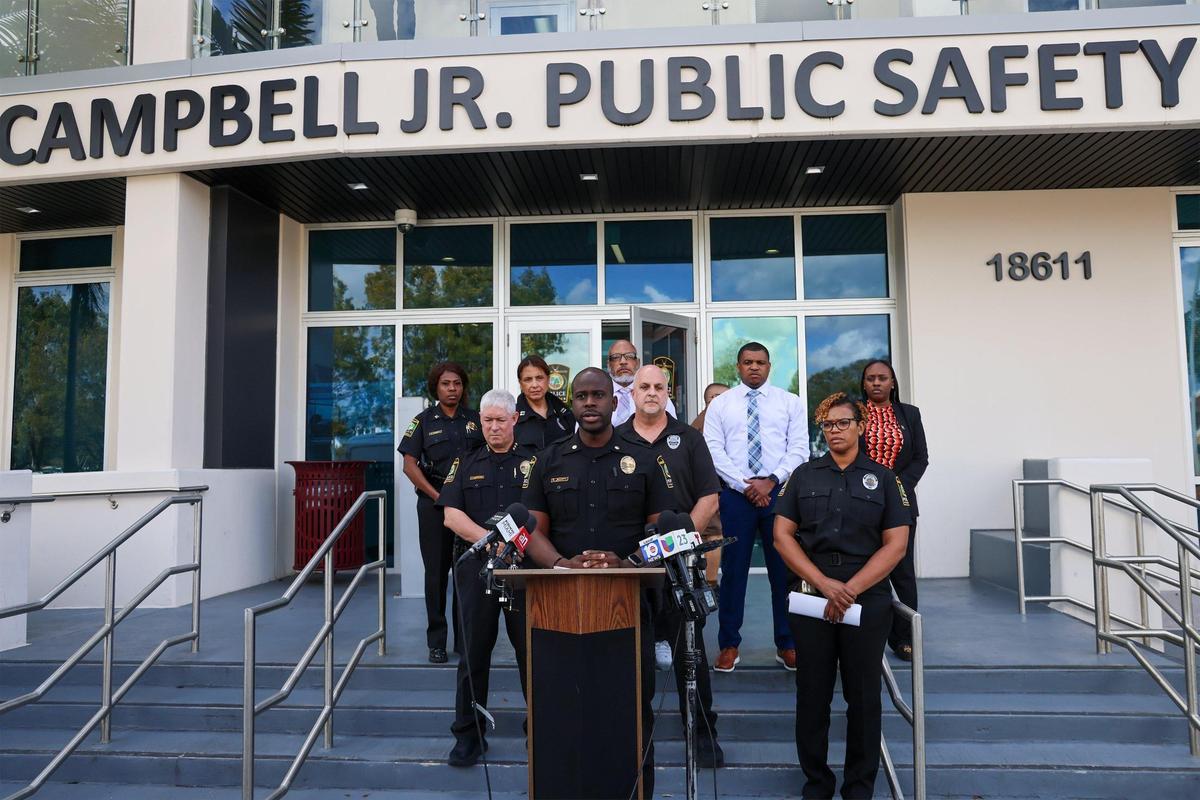 Miami Gardens Police executive officer, Emmanuel Jeanty, gives an update on the Miami Gardens crash on Saturday evening that claimed four lives, including three children, outside the Miami Gardens Police Headquarters on Tuesday, February 11, 2025.